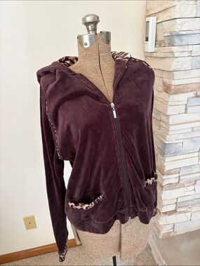 Plush Zip-Up Hoodie with Leopard Trim - Dark Brown